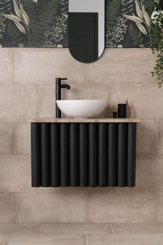 natural coloured tiles with dark vanity unit