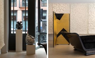 The photo to the left shows two sculptures on white stands. The photo to the right shows a closer look at the dark wood and black fabric sofa, with a black & golden privacy screen to the side.