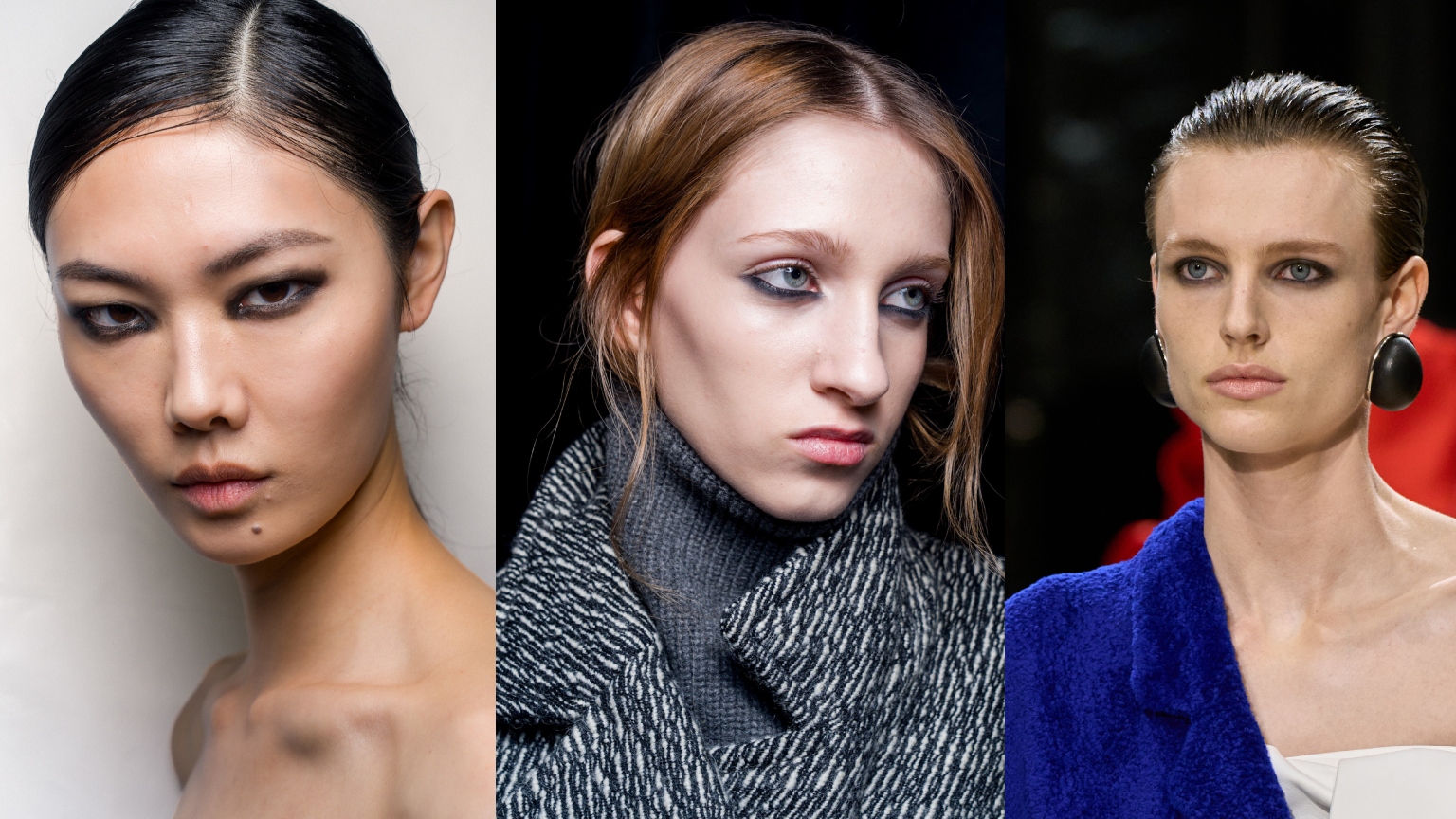 three women with soft smoky eye makeup at paris fashion week
