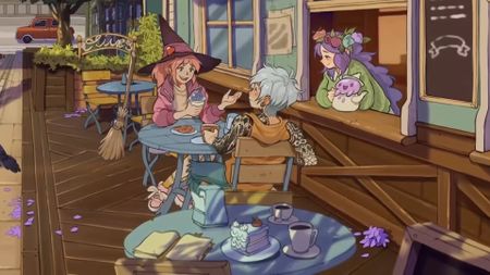 Witchbrook trailer screenshot of people chatting at a cafe