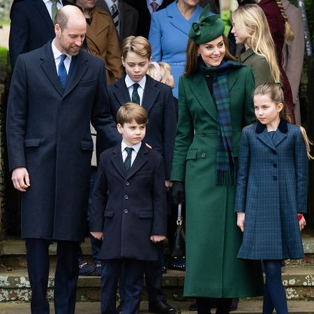 SANDRINGHAM, NORFOLK - DECEMBER 25: Prince William, Prince of Wales, Prince Louis of Wales, Prince George of Wales, Catherine, Princess of Wales and Princess Charlotte of Wales attend the Christmas Morning Service at Sandringham Church on December 25, 2024 in Sandringham, Norfolk. (Photo by Samir Hussein/WireImage)