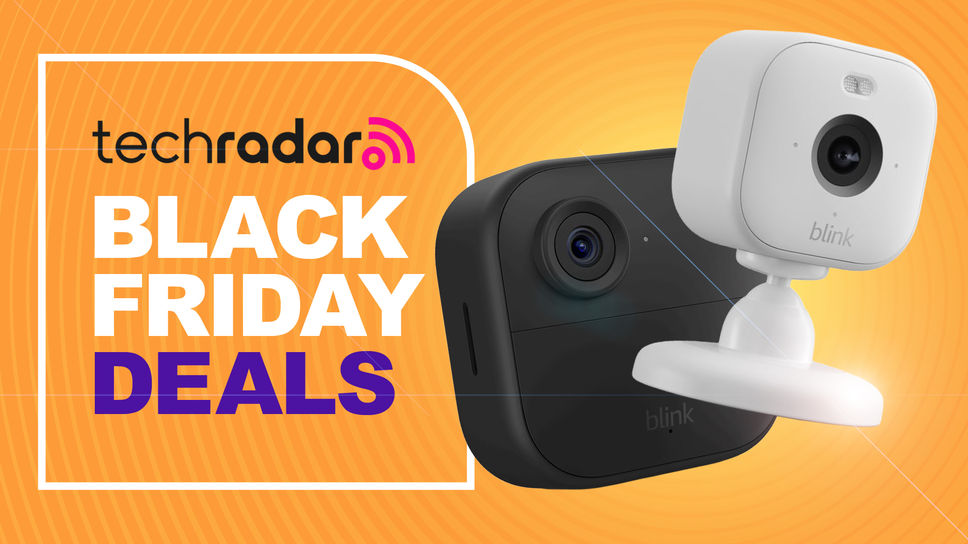 Two Blink security cameras on orange background with text &#039;&#039;TechRadar Black Friday Deals&#039;
