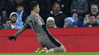 Tottenham's Son Heung-min celebrates after scoring for Spurs against Manchester City at the Etihad in December 2023.