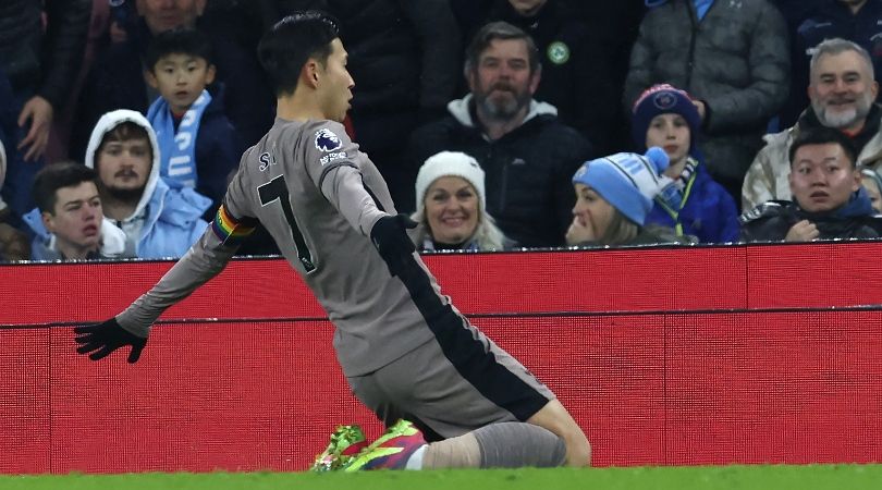 Tottenham&#039;s Son Heung-min celebrates after scoring for Spurs against Manchester City at the Etihad in December 2023.