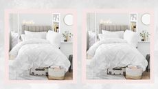 Small white bedroom on a grey and pale pink background; pottery barn dorm