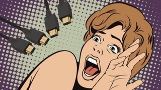 Cartoon retro woman screaming in horror at HDMI cables