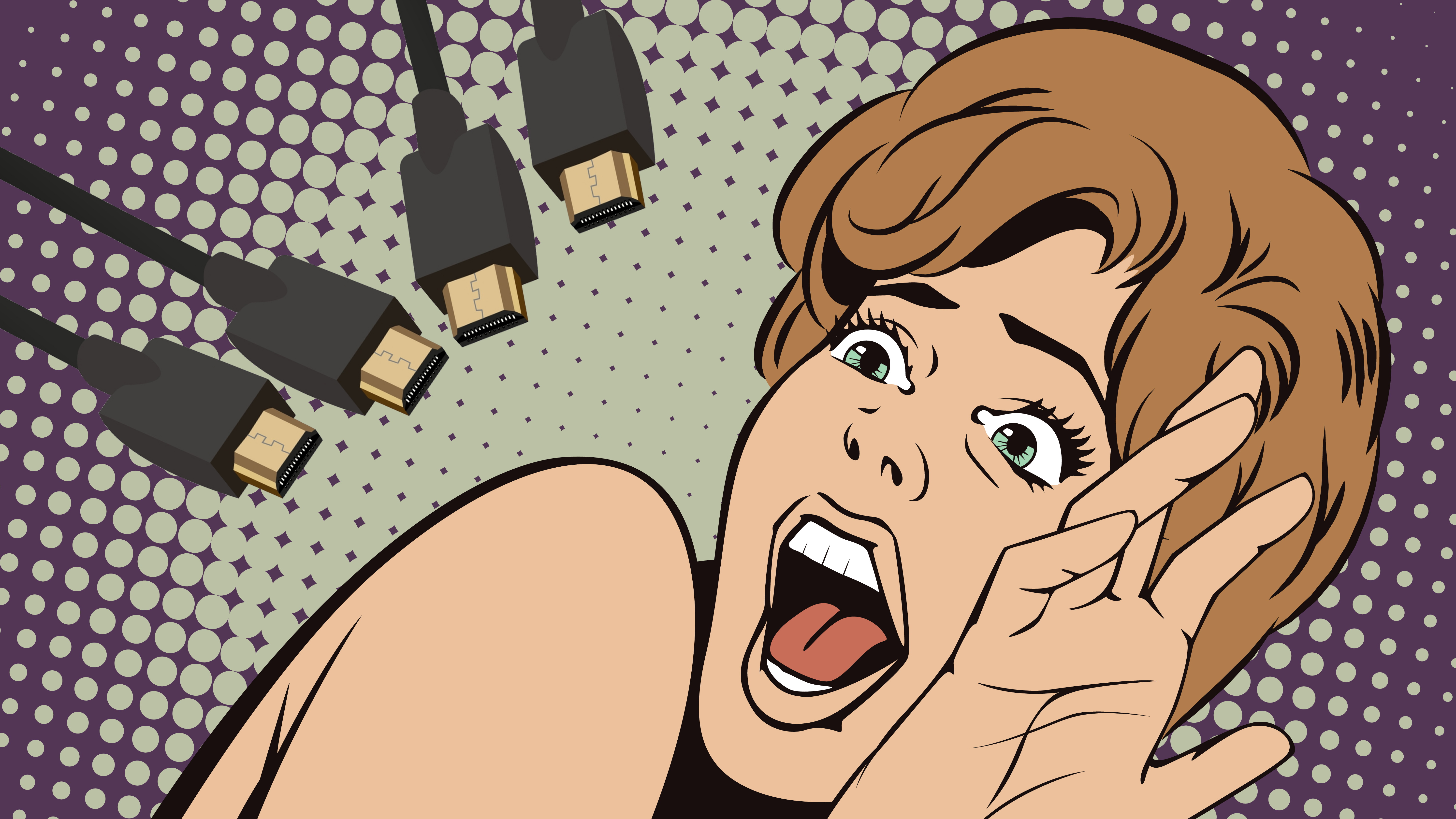 Cartoon retro woman screaming in terror at HDMI cables