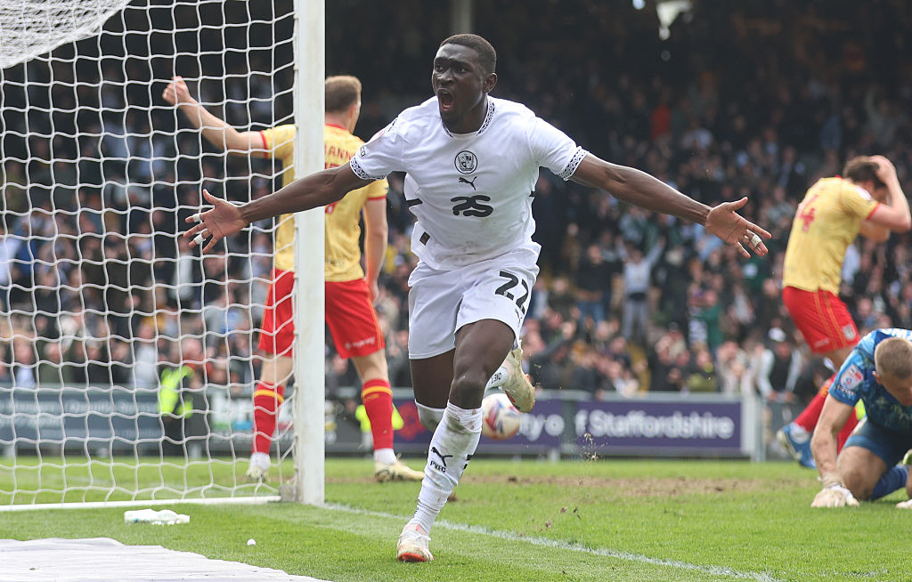Jesse Debrah of Port Vale celebrates as he scores their second goal during the Sky Bet League Two match between Port Vale and Grimsby Town at Vale Park on April 21, 2025, in Burslem, England.