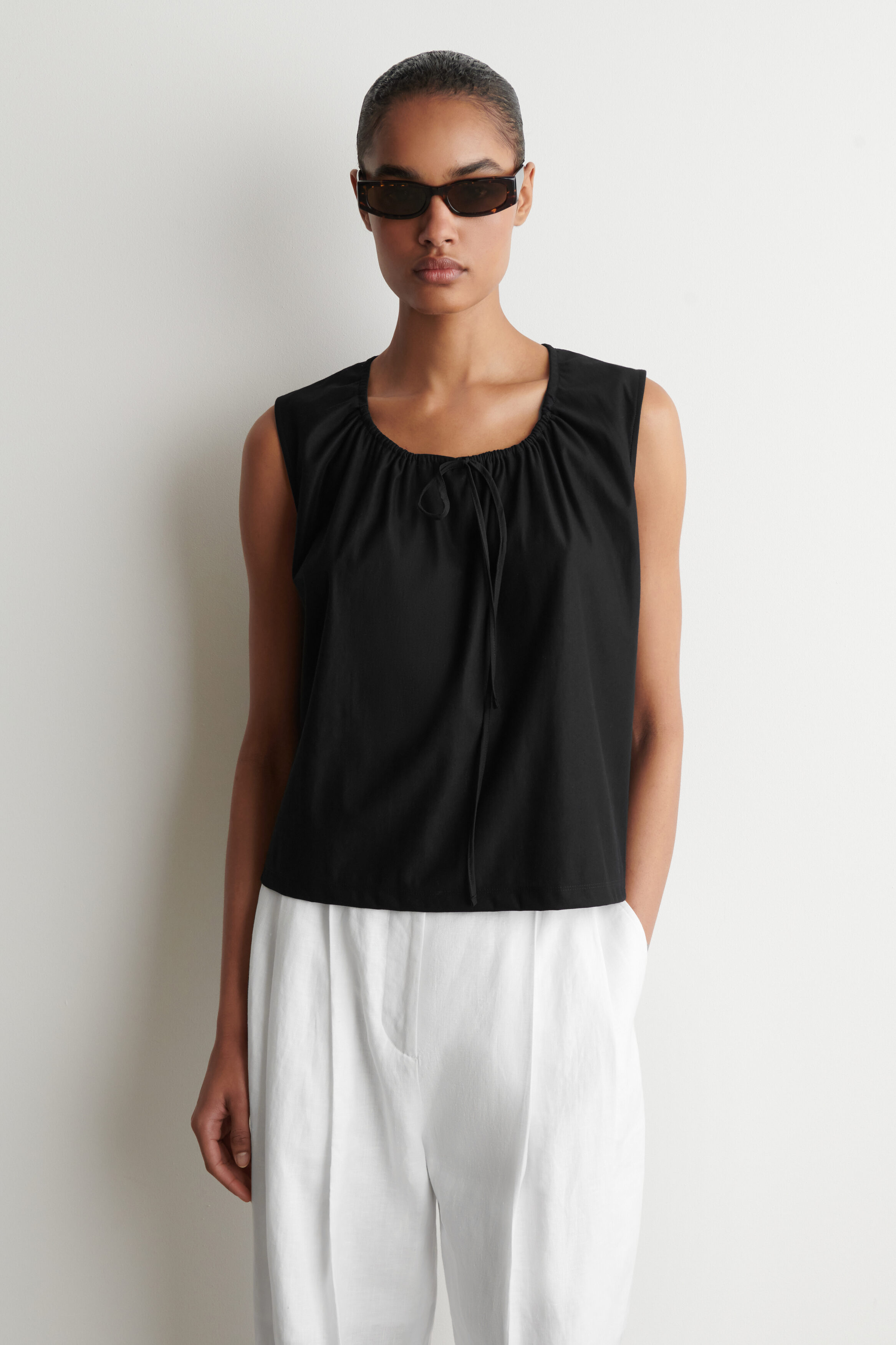 Gathered-Neck Jersey Tank Top