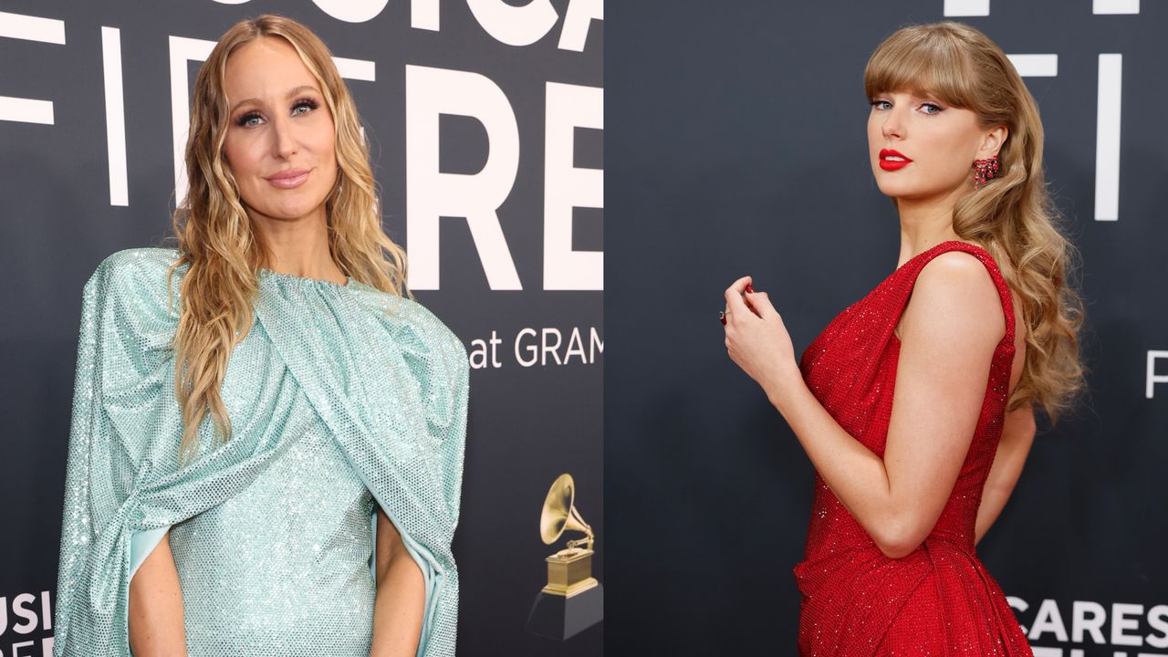 Nikki Glaser wearing a mint sequin dress with a cape on the Grammys 2025 red carpet next to a picture of Taylor Swift wearing a sparkly red dress standing to the side on the Grammys red carpet