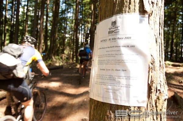 A notice warns trail users that the BC Bike Race will be coming through.