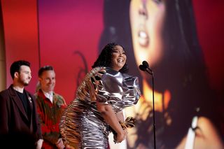 Lizzo on stage at the 65th Annual Grammy Awards. 