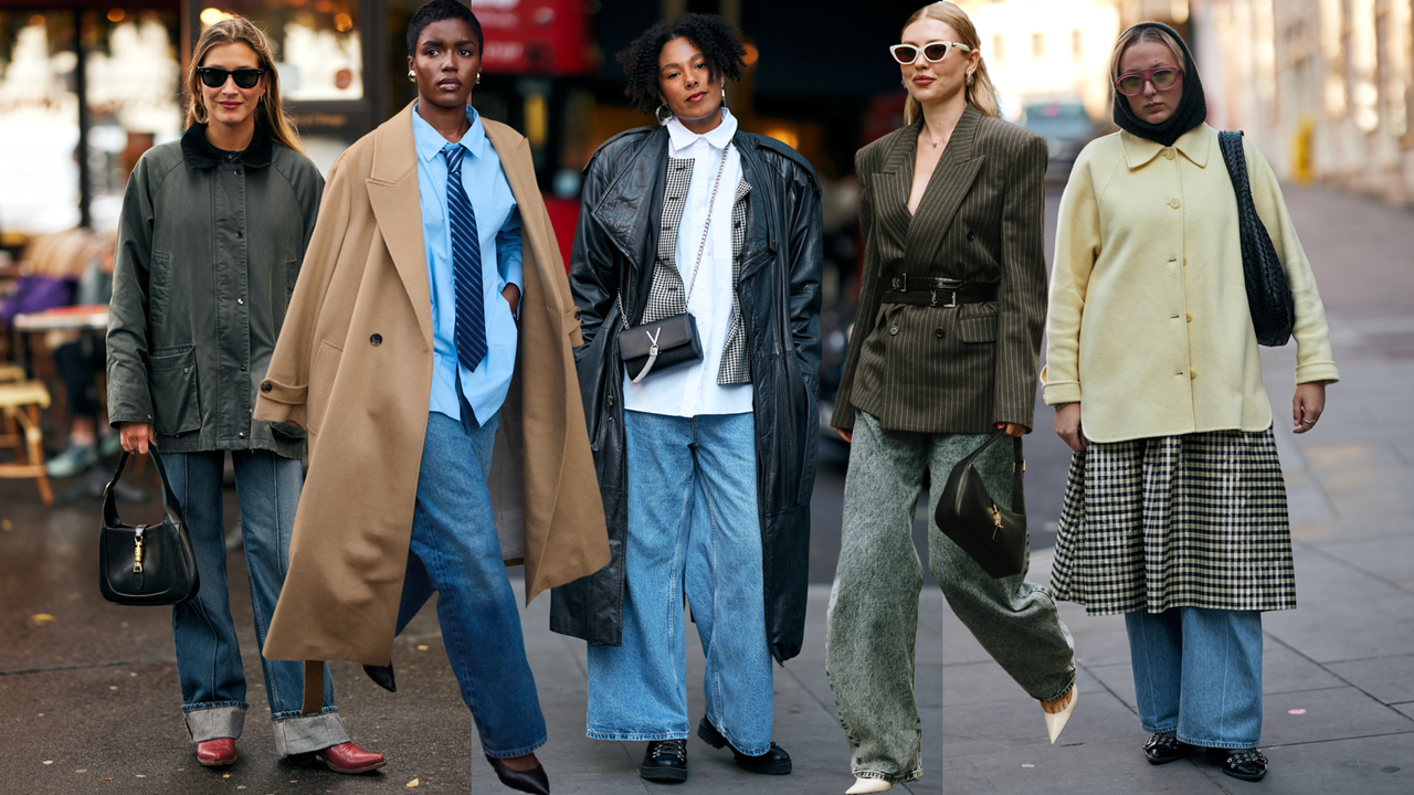 collage of women wearing baggy jean outfits 