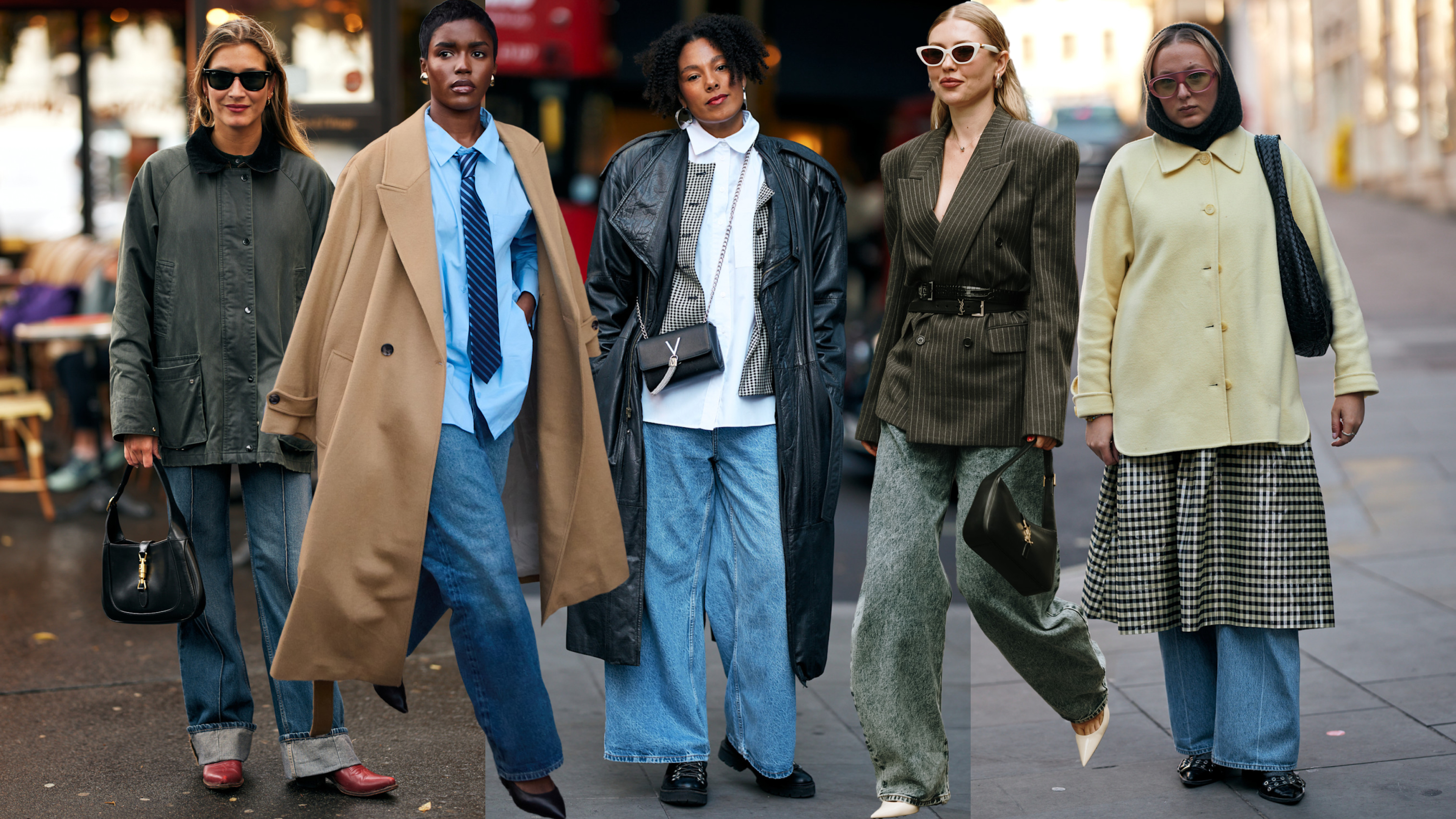 collage of women wearing baggy jean outfits