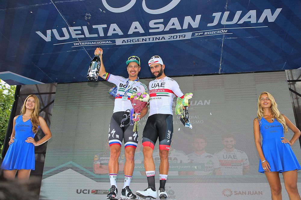 Fernando Gaviria and Peter Sagan on the stage 4 San Juan podium without Alvaro Hodeg