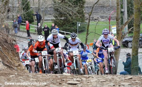 Karen Hanlen (8), Sabine Spitz (Sabine Spitz Haibike Team) and Annie Last (Milka Brentjens MTB Racing Team) lead the first time up the first climb
