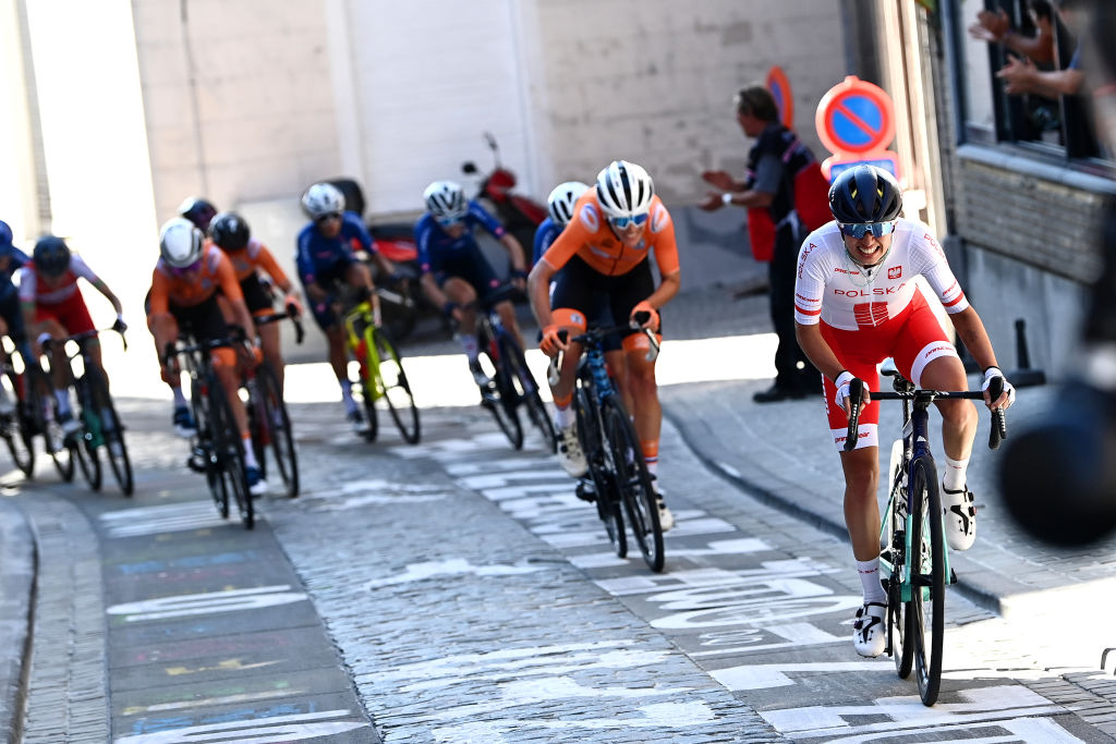 LEUVEN, BELGIUM - SEPTEMBER 25: Katarzyna Niewiadoma of Poland attacks in the peloton during the 94th UCI Road World Championships 2021 - Women Elite Road Race a 157,7km race from Antwerp to Leuven / #flanders2021 / on September 25, 2021 in Leuven, Belgium. (Photo by Alex Broadway - Pool/Getty Images)