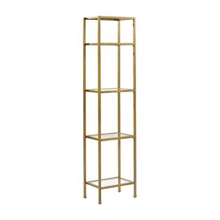 Compact tall open shelving unit in brass and glass