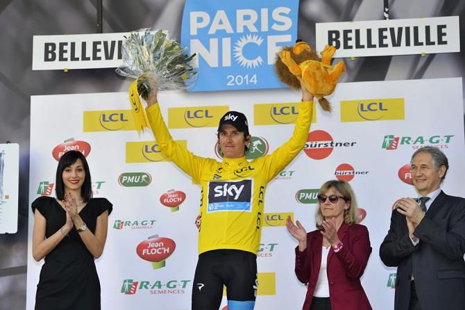 Geraint Thomas on the podium as race leader