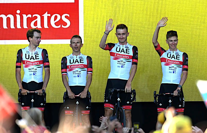 COPENHAGEN, DENMARK - JUNE 29: (L-R) Brandon Mcnulty of United States, Rafal Majka of Poland, Mikkel Bjerg of Denmark and Tadej Pogacar of Slovenia and UAE Team Emirates during the Team Presentation of the 109th Tour de France 2022 at Tivoli Gardens in Copenhagen City / #TDF2022 / on June 29, 2022 in Copenhagen, Denmark. (Photo by Stuart Franklin/Getty Images,)