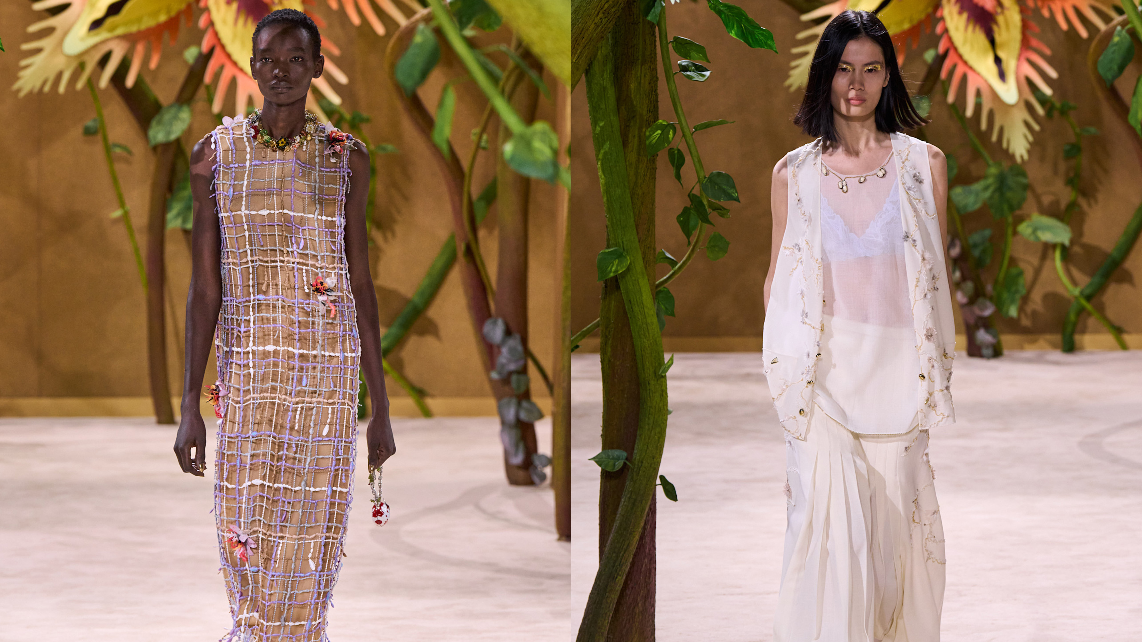 Two side-by-side images taken from the Chanel Haute Couture F/W 26 show.