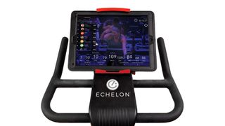 Echelon EX-3 tablet showing Echelon app on handlebars