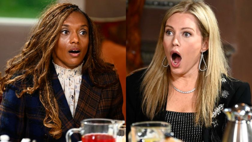 Danielle and Britney at the final Roundtable in The Traitors Season 3 split image