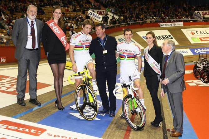 Reigning Madison world champions Vivian Brisse and Morgan Kneisky are introduced in Gent