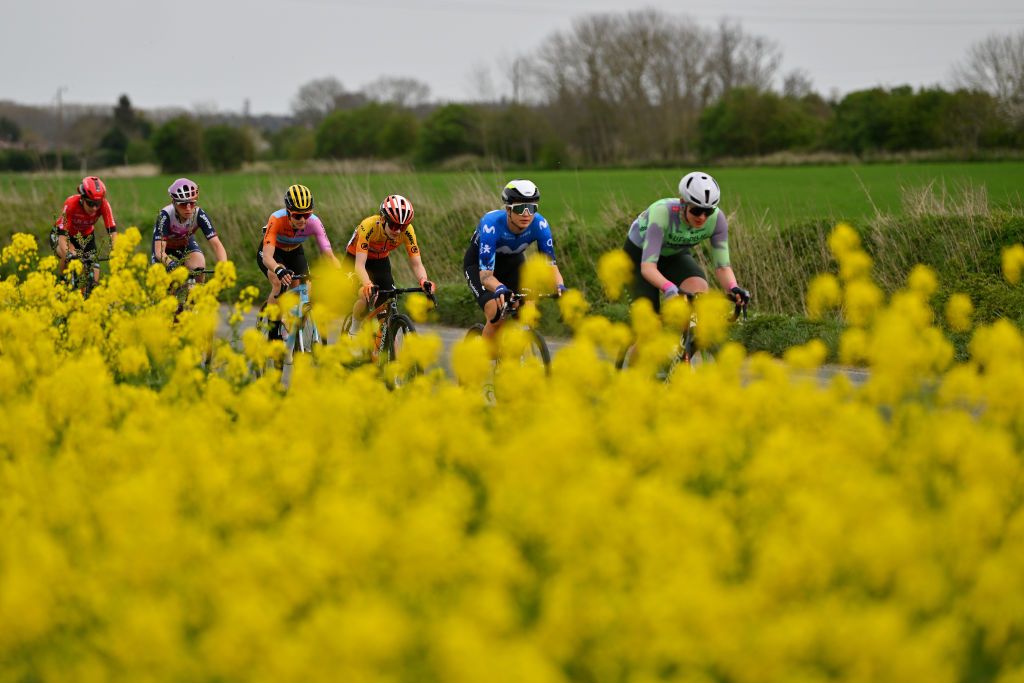 ROUBAIX FRANCE APRIL 06 LR Celia Le Mouel of France and Team St Michel Mavic Auber93 and Emma Norsgaard of Denmark and Movistar Team compete during the 4th ParisRoubaix Femmes 2024 a 1485km one day race from Denain to Roubaix on UCIWWT April 06 2024 in Roubaix France Photo by Luc ClaessenGetty Images