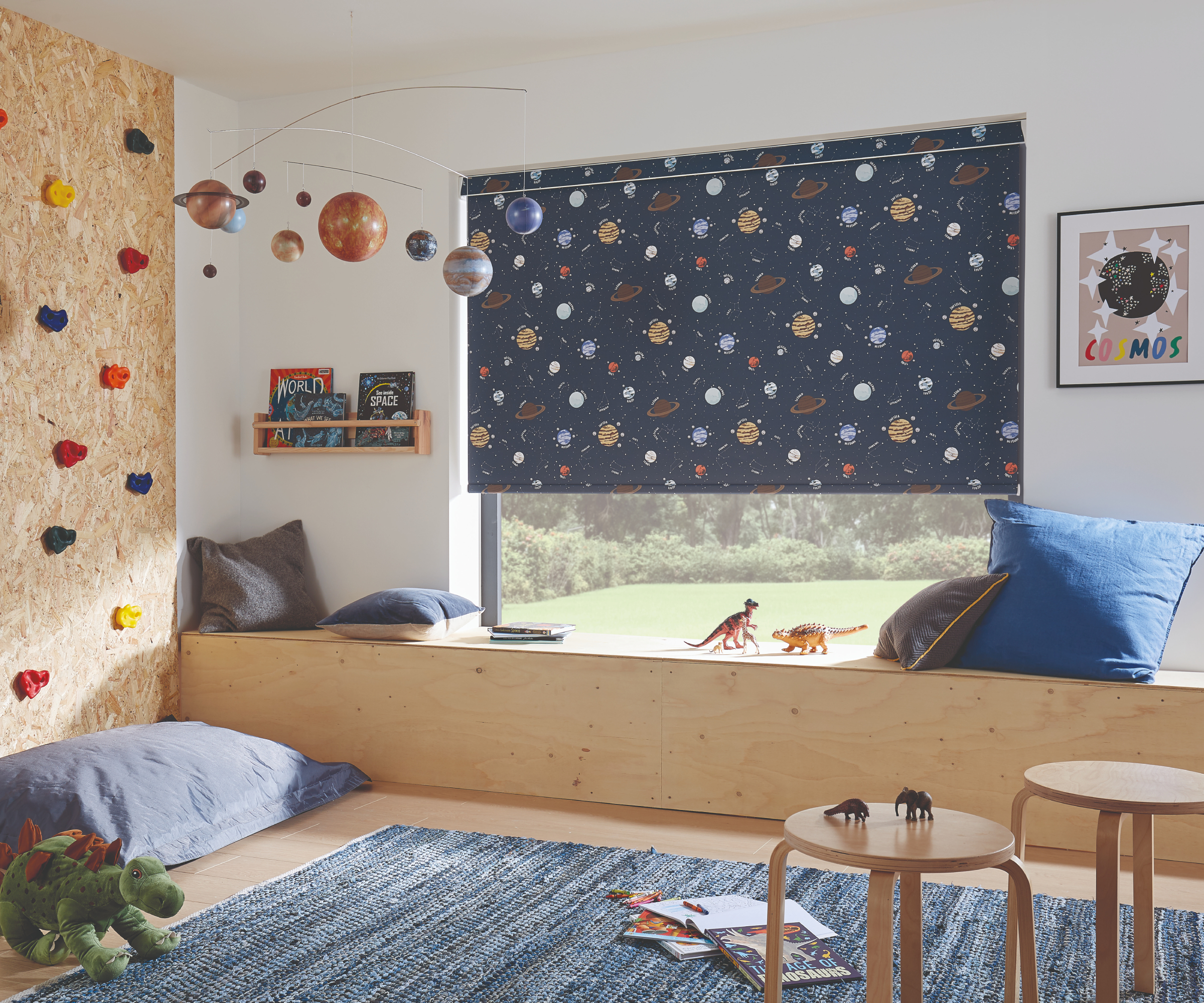child&#039;s bedroom with storage unit below window made from plywood