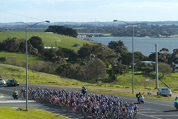 The peloton leaves San Remo bound for Warragul on the 102 kilometre fourth stage.