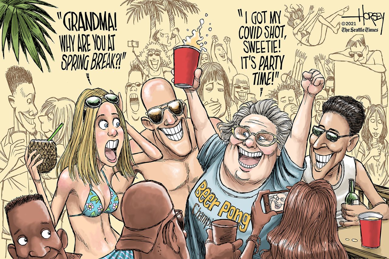 Editorial Cartoon U.S. spring break covid vaccine