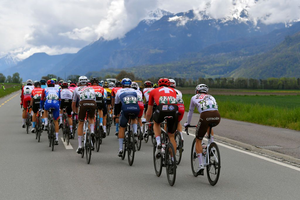 MARTIGNY SWITZERLAND APRIL 28 Ben Alexander Oconnor of Australia and AG2R Citren Team Guillaume Boivin of Canada and Team Israel StartUp Nation Stefan Kung of Switzerland and Team Groupama FDJ Mathias Frank of Switzerland and AG2R Citren Team the peloton during the 74th Tour De Romandie 2021 Stage 1 a 1681km stage from Aigle to Martigny Mountains Landscape TDR2021 TDRnonstop UCIworldtour on April 28 2021 in Martigny Switzerland Photo by Luc ClaessenGetty Images