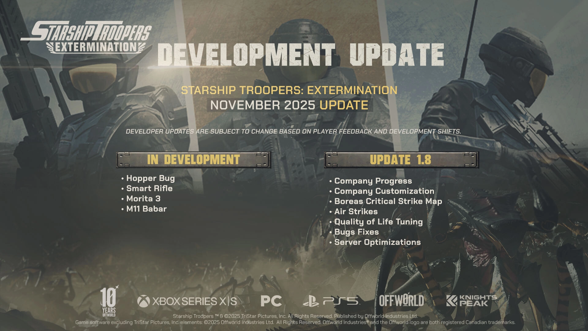 Mise à jour de Starship Troopers: Extermination avec frappes aériennes et progression