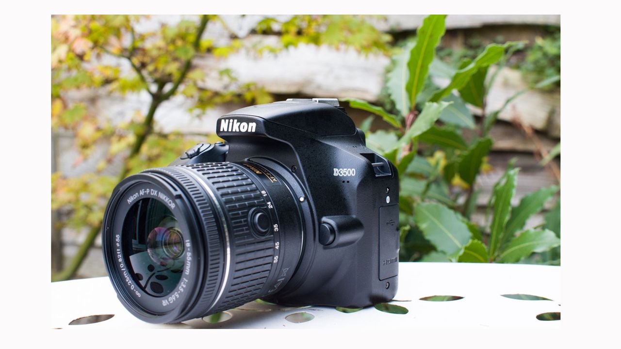 Image shows the Nikon D3500 resting on a wooden surface,