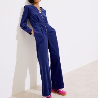 Oliver Bonas Navy Blue Corduroy Zip Through Jumpsuit