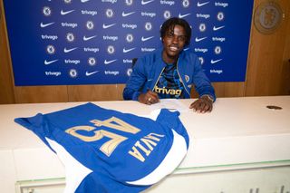 Chelsea unveil new signing Romeo Lavia at Chelsea training Ground on August 18, 2023 in Cobham, England.