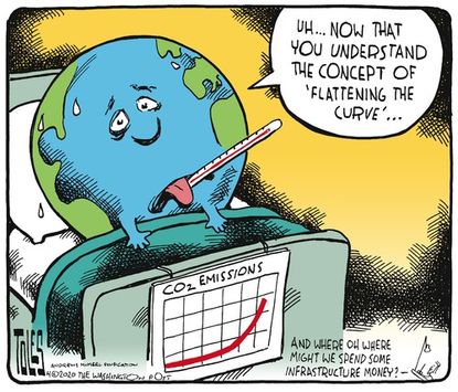 Editorial Cartoon World flatten global warming curve CO2 emissions