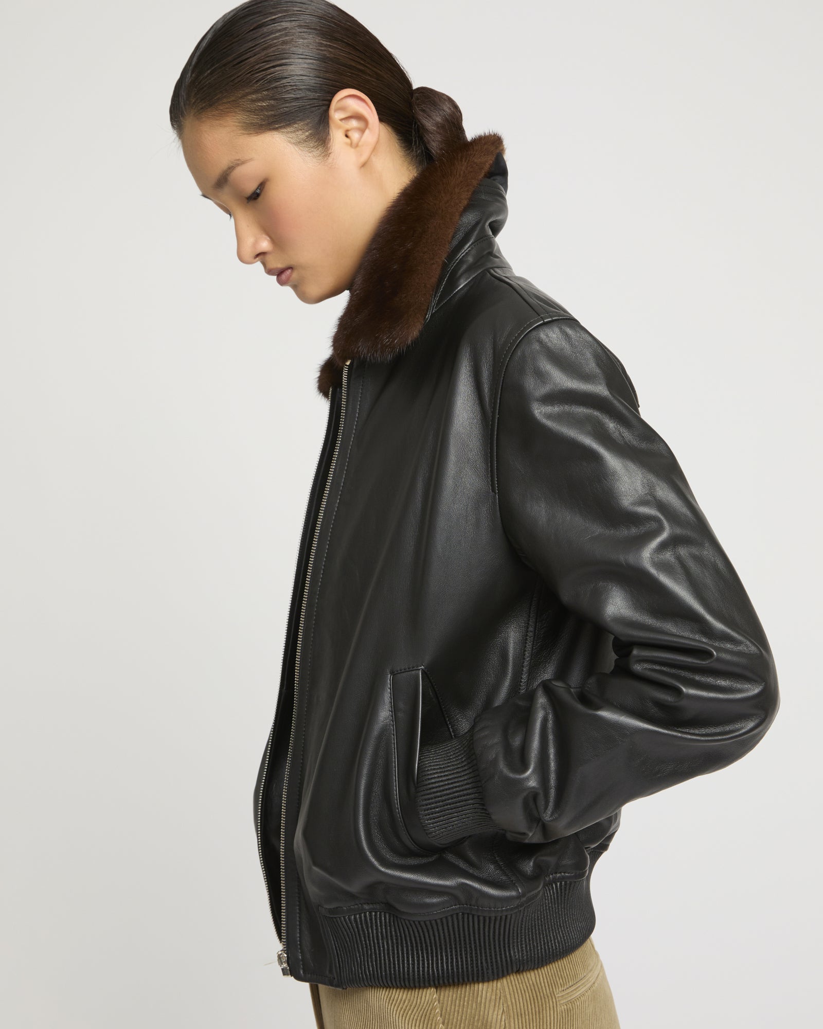 Lamb Leather Bomber Jacket With Removable Mink Collar - 32