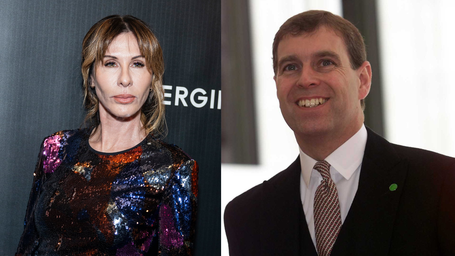 A split image of Carole Radziwill in a sequin dress and Prince Andrew wearing a suit and tie smiling in 2000