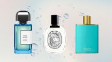 A collage of 'Riviera perfumes' including product shots of the BDK Citrus Riviera, Diptyque Ilio and Victoria Beckham Beauty Portofino '97 perfumes - all featured on a pink, blue and yellow gradient template with water droplets