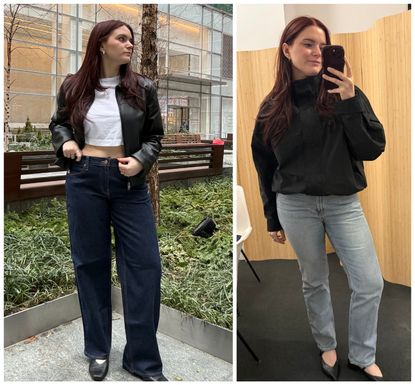Collage of Brooke Knappenberger wearing gap jeans with white border