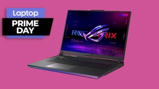 Prime Day gaming laptop deals, Asus ROG Strix Scar 18 laptop against a pink background