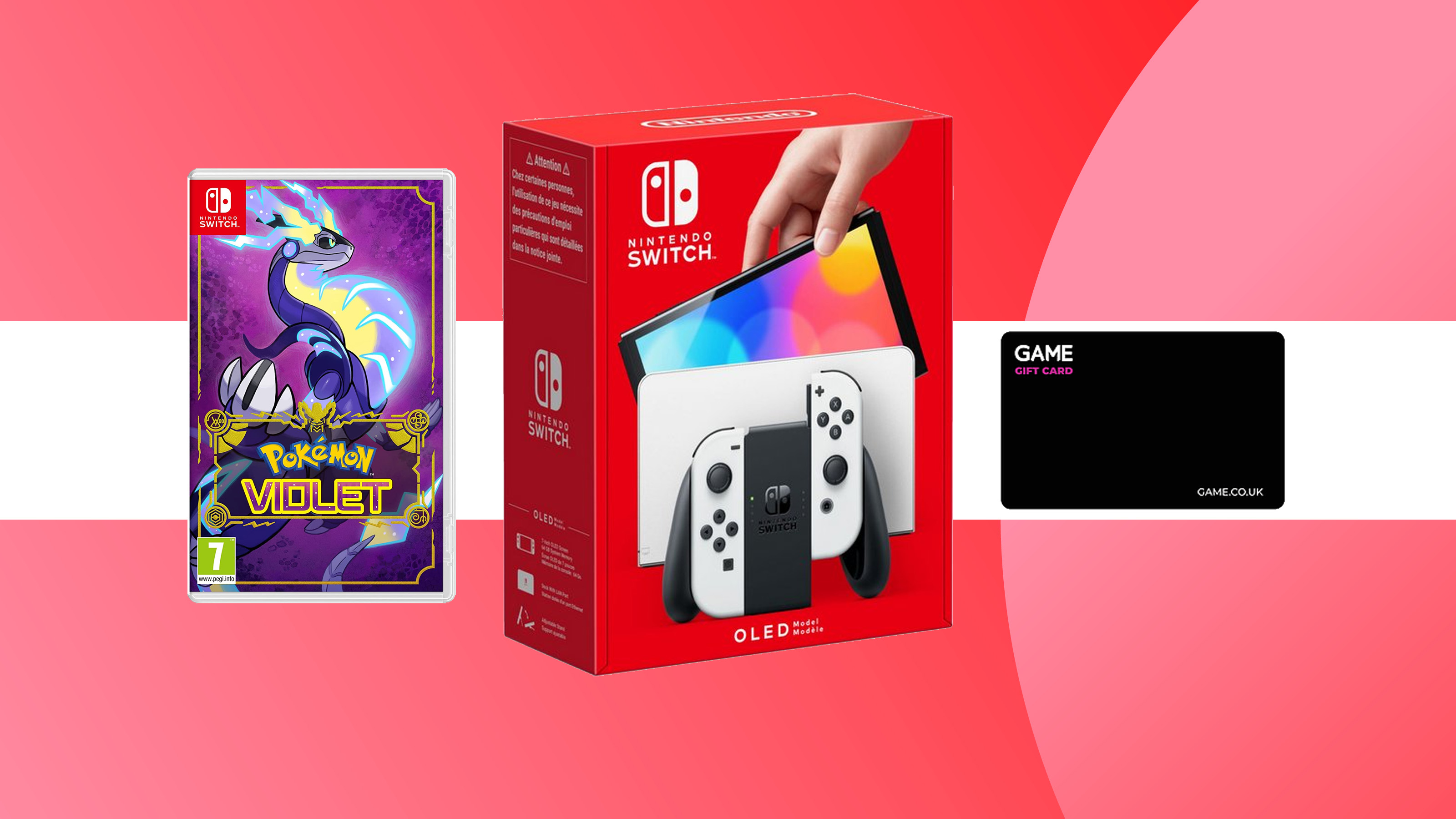 product shot of the switch oled with pokemon violet and a gift card on a colourful background