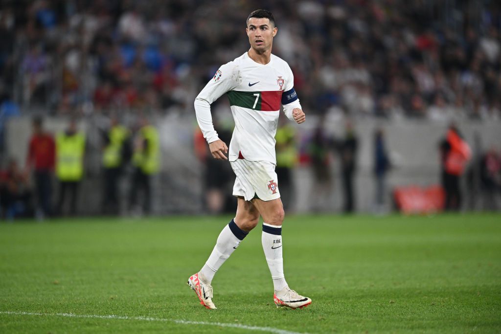 Cristiano Ronaldo during the UEFA EURO 2024 European qualifier match between Slovakia and Portugal at Tehelne pole on September 8, 2023 in Bratislava, Slovakia. (Photo by Sebastian Frej/MB Media/Getty Images)