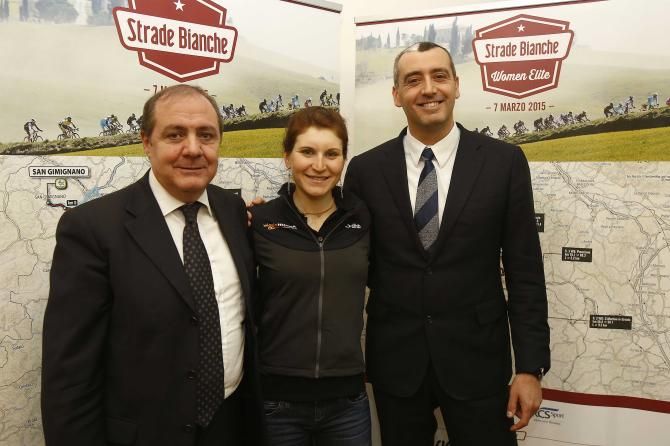 RCS Sport Cycling Director Mauro Vegni, Wiggle Honda's Elisa Longo Borghini and the Head of Sport of the Siena City Council Leonardo Tafani