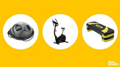 Best home gym equipment composite image, featuring the Core Balance Balance Board, Vivito exercise bike, Xn8 Stepper on a yellow background