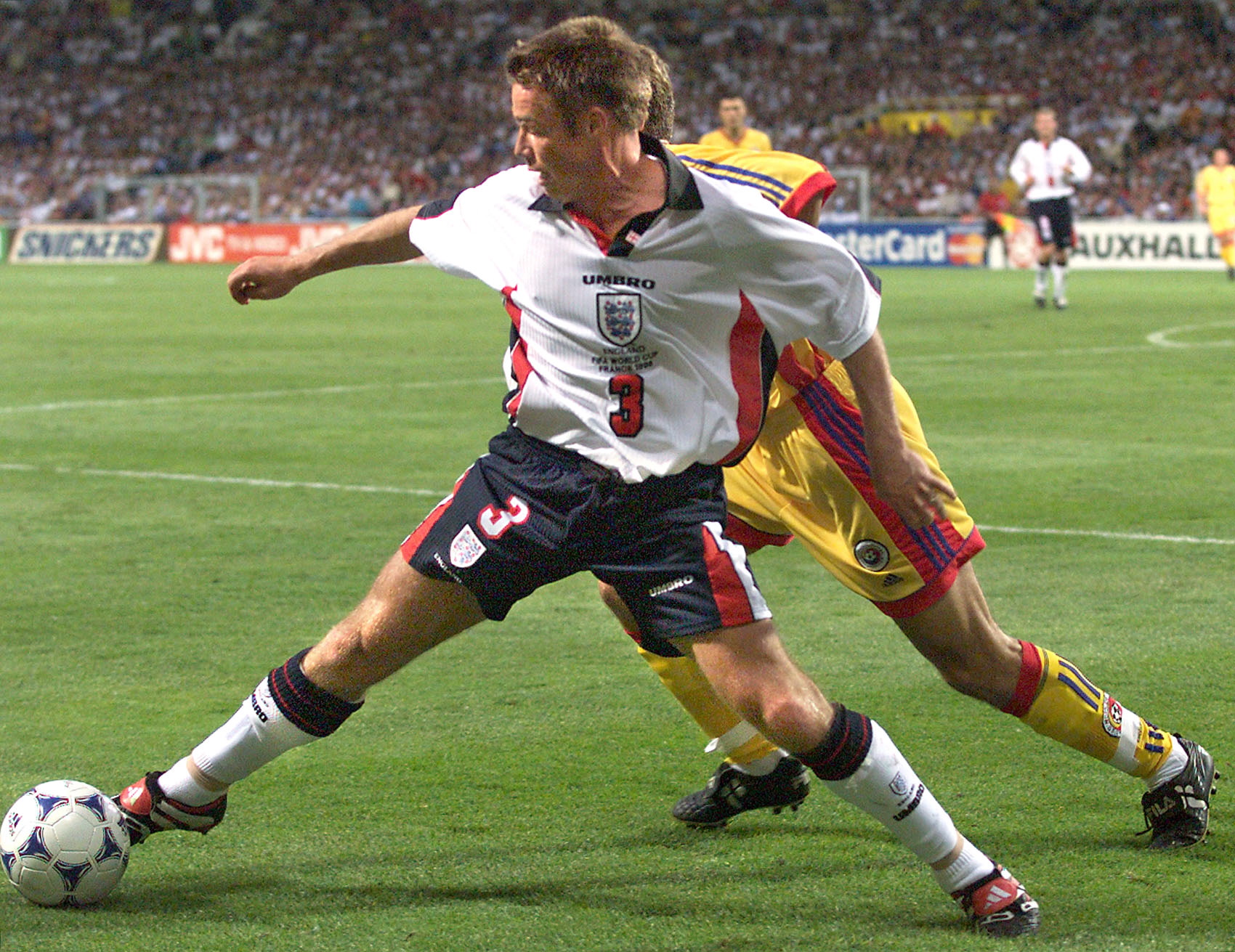 Graeme Le Saux in action for England against Romania at the 1998 World Cup.