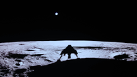 image of shadow of blue ghost lander on moon, with earth in the background.