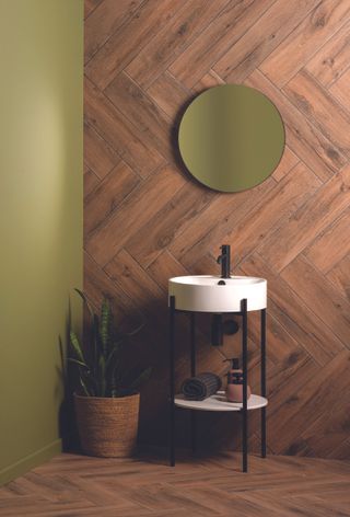 wood effect tiles laid in a small bathroom